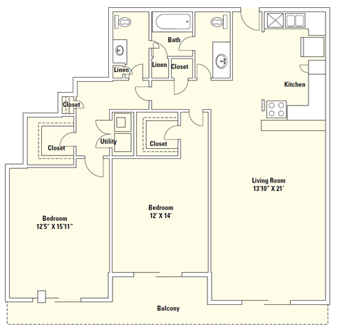 B1 1,247 Sq.Ft. Floor Plan at Memorial Towers Apartments, The Barvin Group, Houston, TX